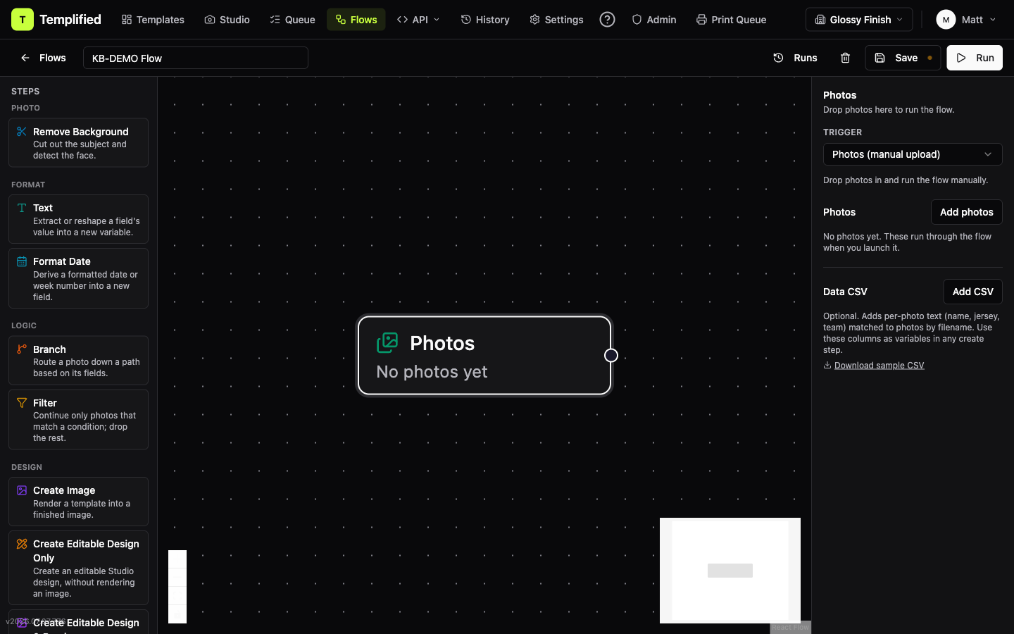 Photos start-step config in its default state — Trigger dropdown set to manual upload, with the photo grid and Data CSV sections