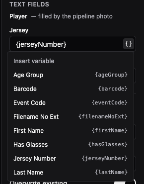 A text field in a Create Image step with the variable picker popover open, showing an alphabetical list of friendly field labels with their raw tokens beside them