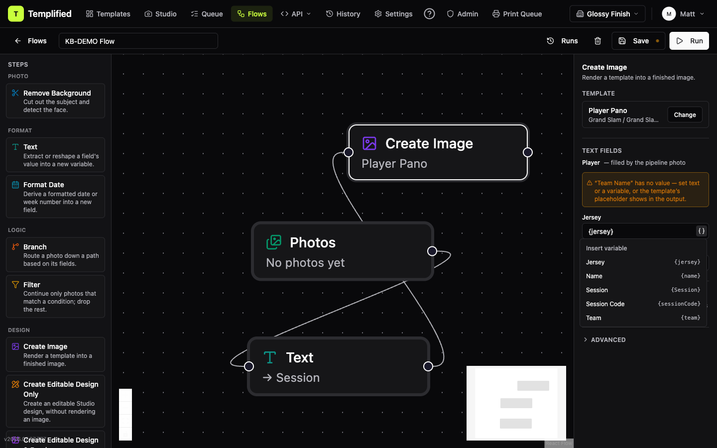 A Text step config panel with an Output field named Session, and the downstream Create Image step showing {Session} available in the picker