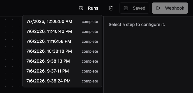 Flow editor header showing the Runs dropdown open, listing recent webhook-triggered runs with timestamps and status