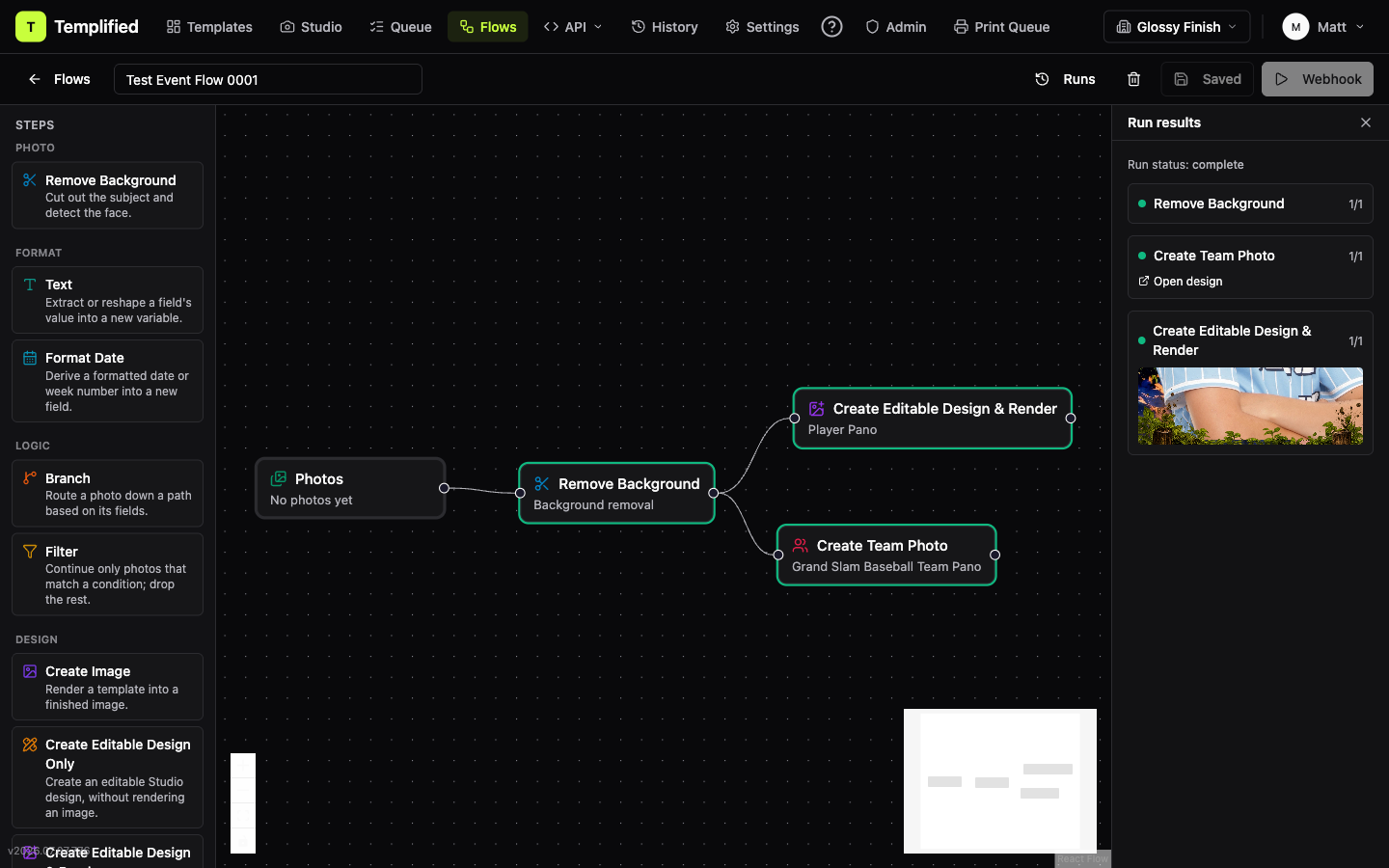 The Run results panel showing per-step status indicators and Open design links after a completed run