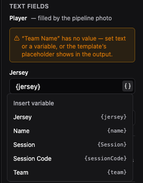 A Create Image step's text field with the variable picker open, showing CSV column names as insertable tokens