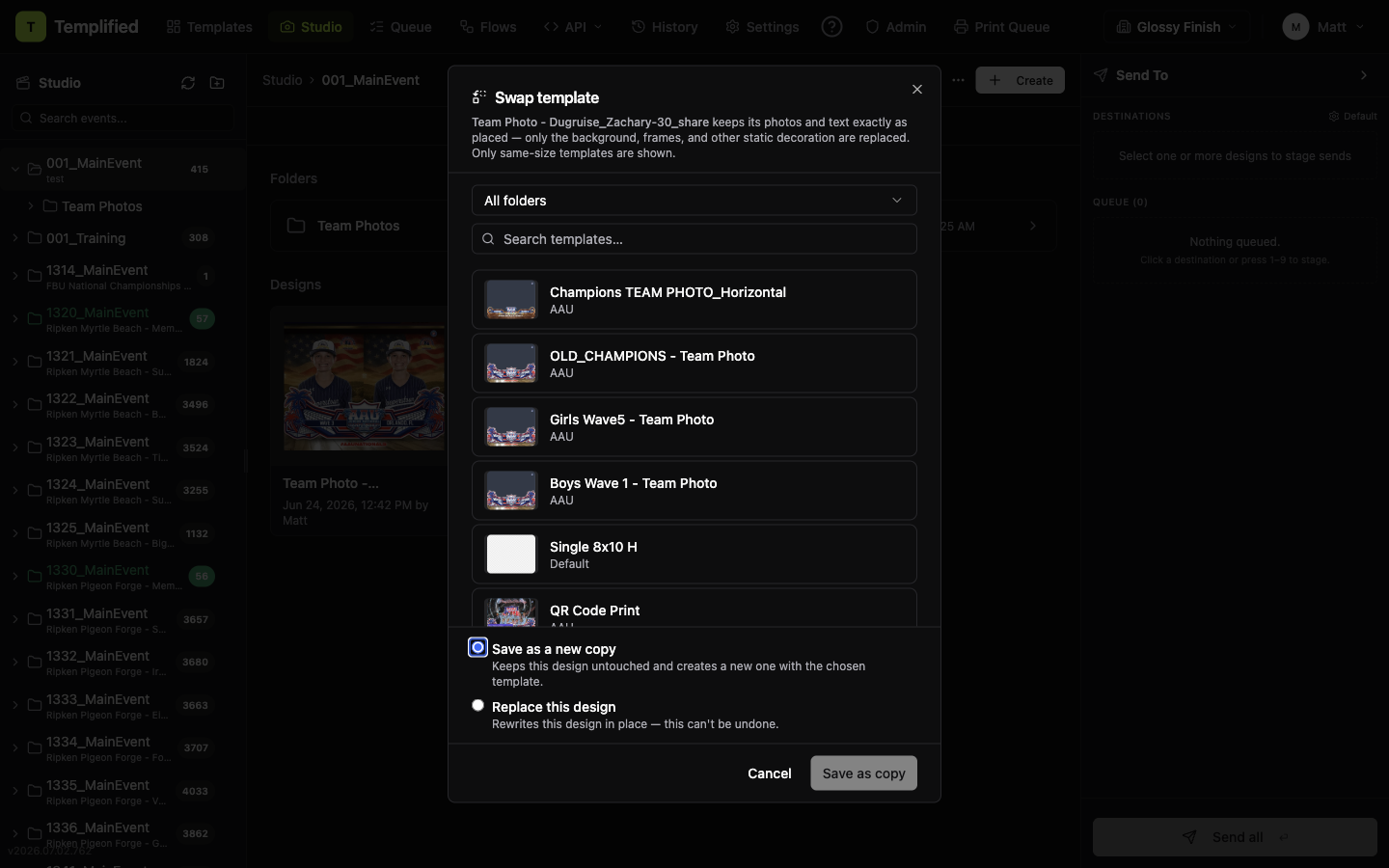 The Swap template dialog showing the template list, search field, and Save as new copy / Replace this design options