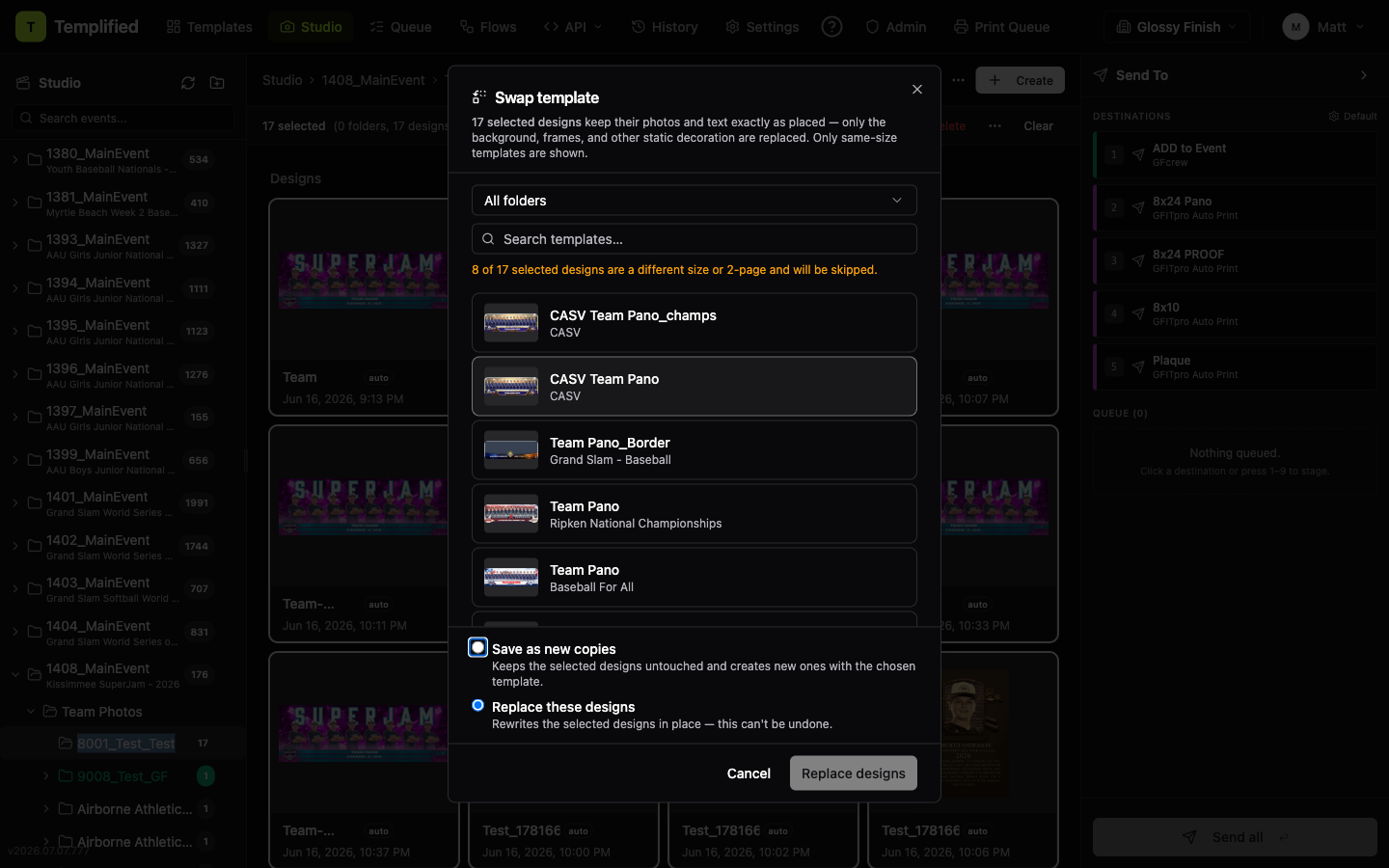 Swap template dialog in bulk mode with the All folders filter, template list, skipped-designs warning, and Save as new copies / Replace designs options