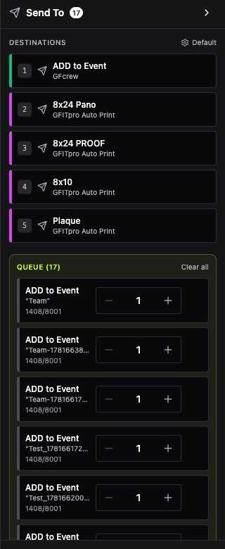 The queue with several staged rows, each showing its preset, design name, and quantity