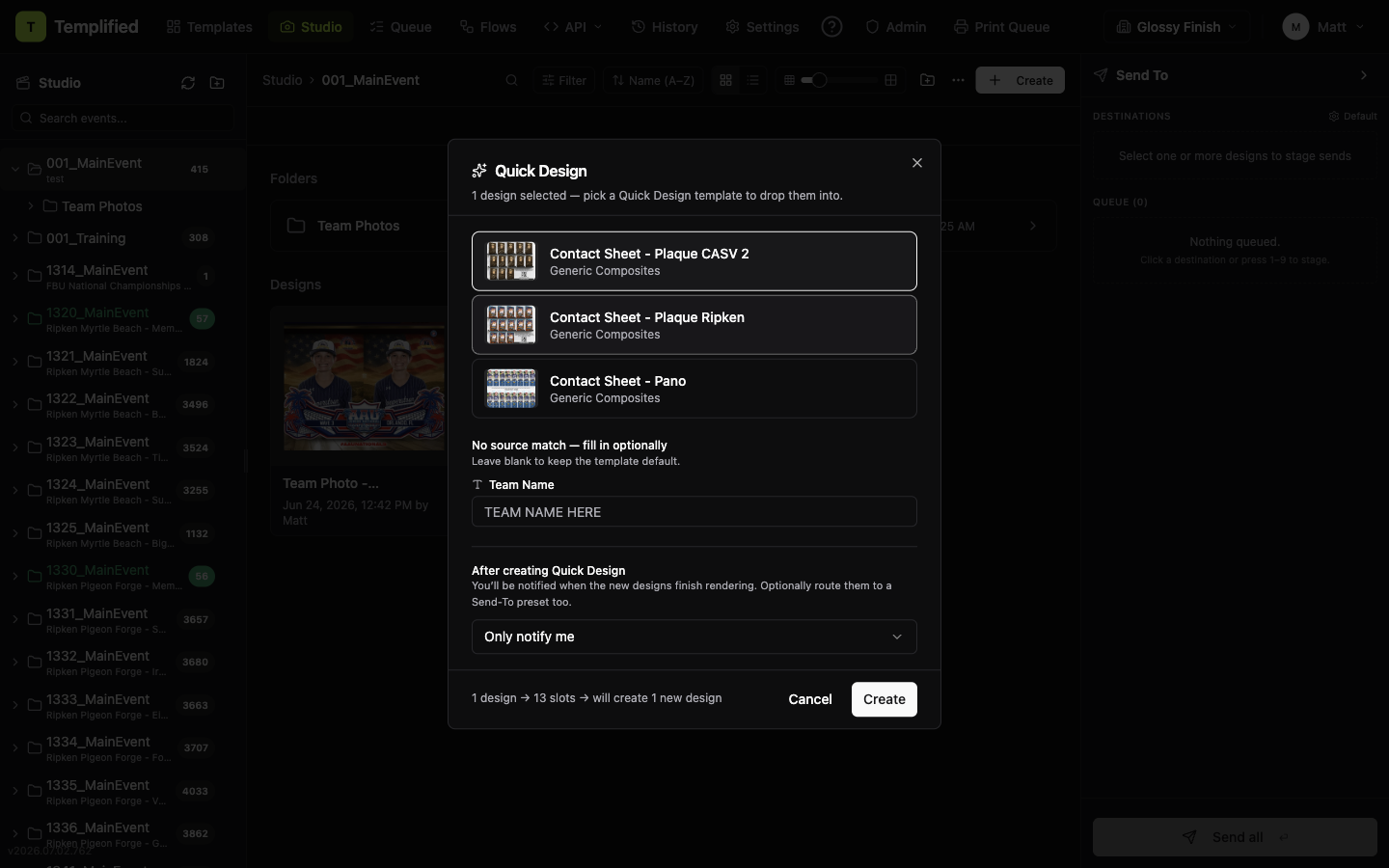 The Quick Design dialog showing a selected template, the slot and sheet count summary, the auto-filled and missing field sections, and the amber two-page warning strip above the footer
