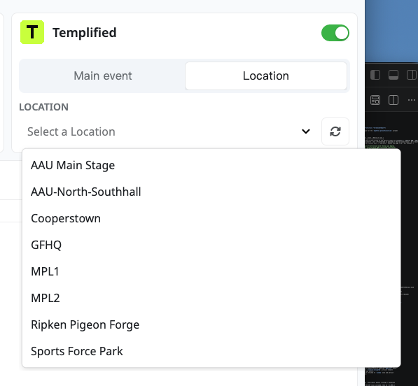 GFITpro's in-app location picker showing a list of named locations to choose from