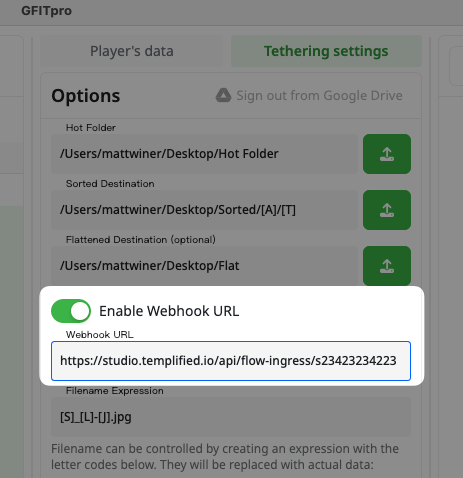 GFITpro's Tethering settings with Enable Webhook URL turned on and the Templified connection URL pasted into the Webhook URL field