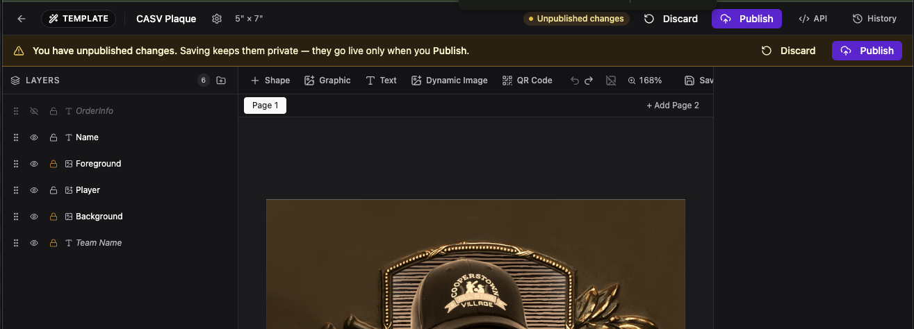 The template editor header showing the Unpublished changes pill, the amber warning banner, and the Publish and Discard buttons