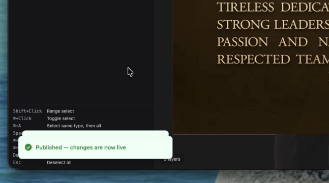 The confirmation message after publishing a template
