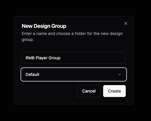 The New Design Group dialog with a name field and folder selector