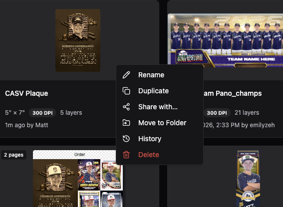 The template card context menu showing Rename, Duplicate, Share with, Move to Folder, History, and Delete