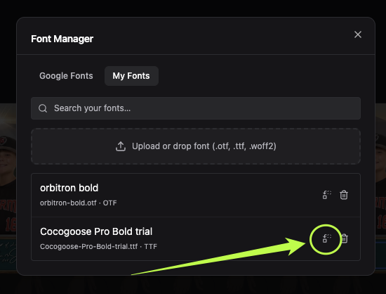 Font Manager My Fonts tab, a custom font row showing the Replace icon button with tooltip next to Delete