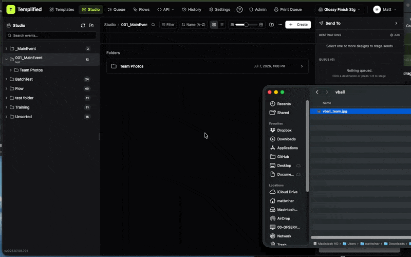 Animation of a photo file being dragged from a Finder window onto the Studio design grid, with the drop highlight visible