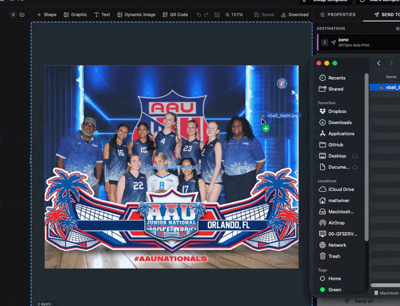 Animation of a photo being dropped onto an already-sent design, triggering the prompt with Create new design and Edit current design choices