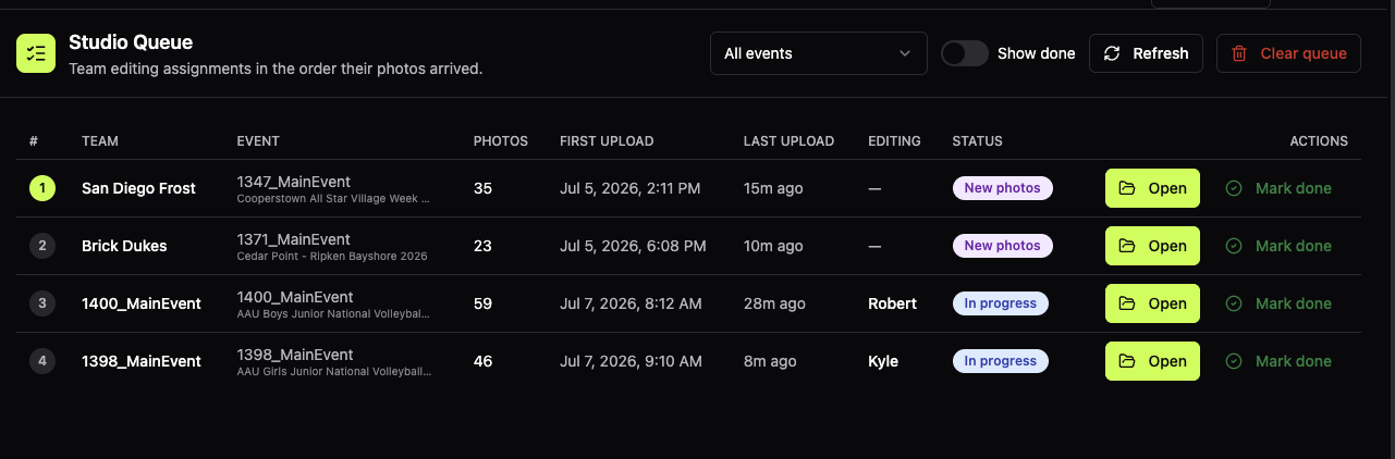 The Studio Queue board listing teams in the order their photos arrived, with per-team status badges and Open / Mark done actions