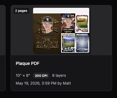 A two-page design in the Studio grid showing a stacked thumbnail treatment with the PDF tooltip