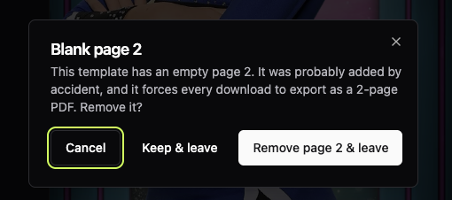 Blank page 2 leave-guard dialog with Cancel, Keep & leave, and Remove page 2 & leave buttons