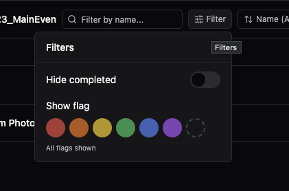 The Filters popover open, showing the Hide completed toggle and the color-flag selector with Red, Orange, Yellow, Green, Blue, and Purple dots