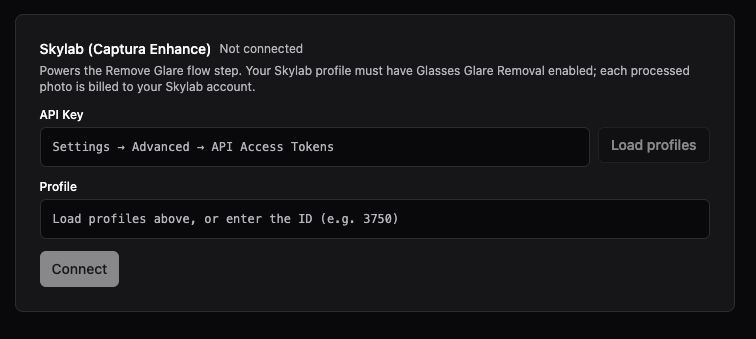 The Skylab (Captura Enhance) card in Settings → Integrations before connecting, with the API Key and Profile fields
