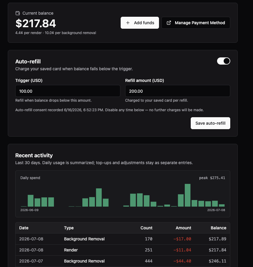 The Billing page showing the current balance, per-render pricing, and account status