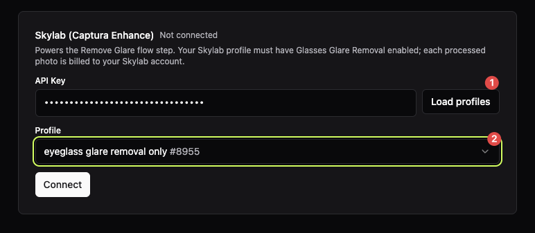 The Skylab card with an API key entered, Load profiles clicked, and the 'eyeglass glare removal only' profile selected