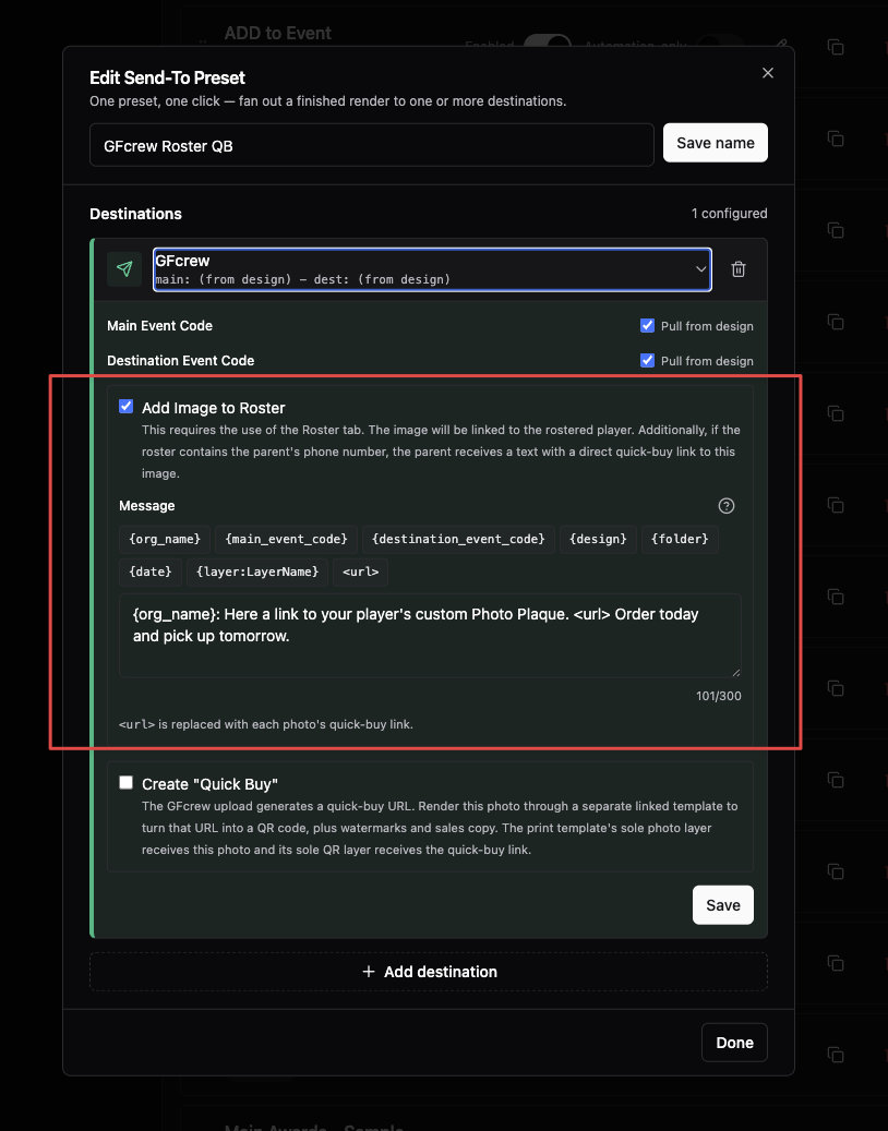 The Add Image to Roster checkbox and SMS message field inside the Send to GFcrew dialog