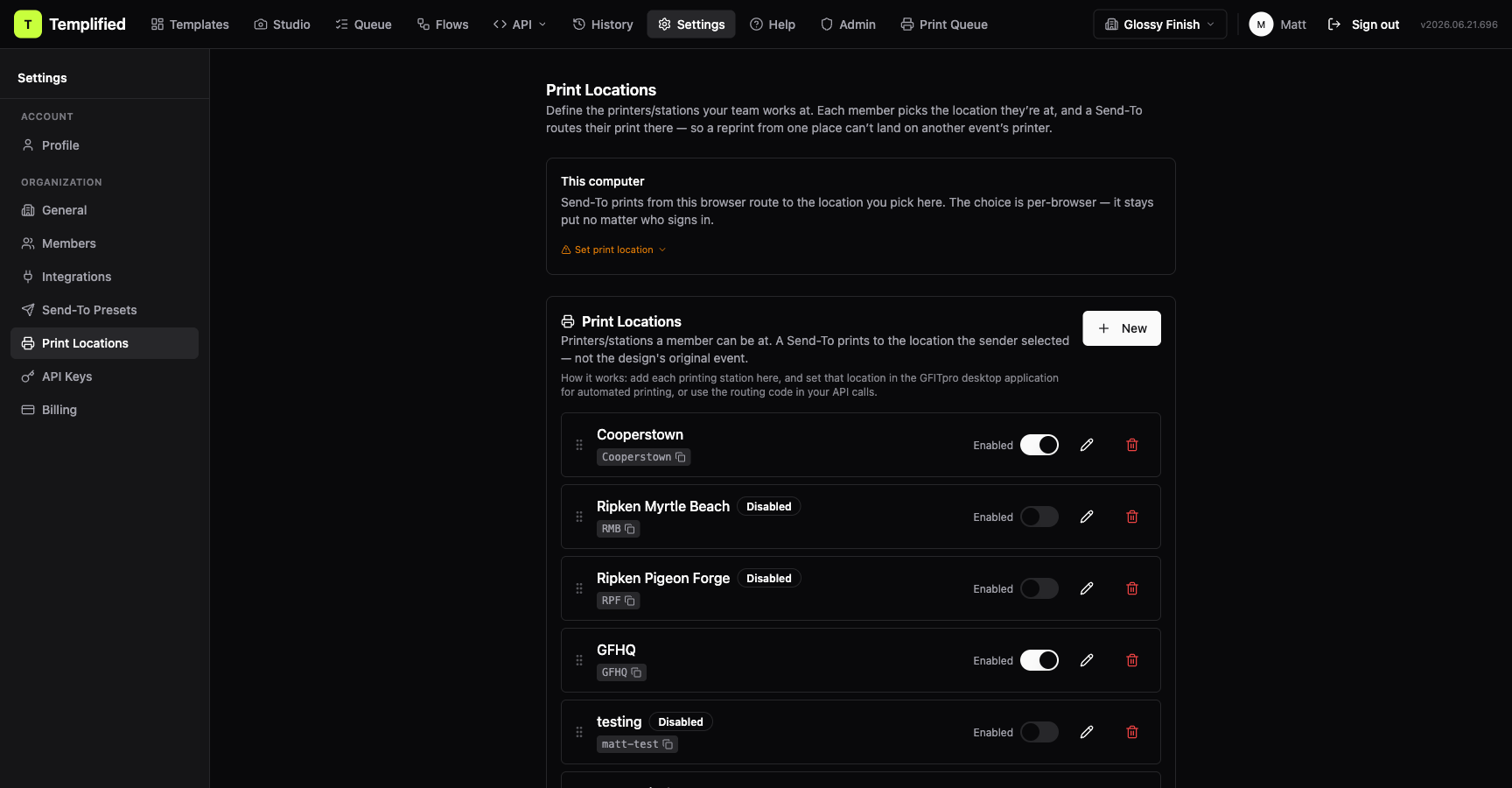 Settings → Print Locations, with the This computer picker at the top and the list of locations below