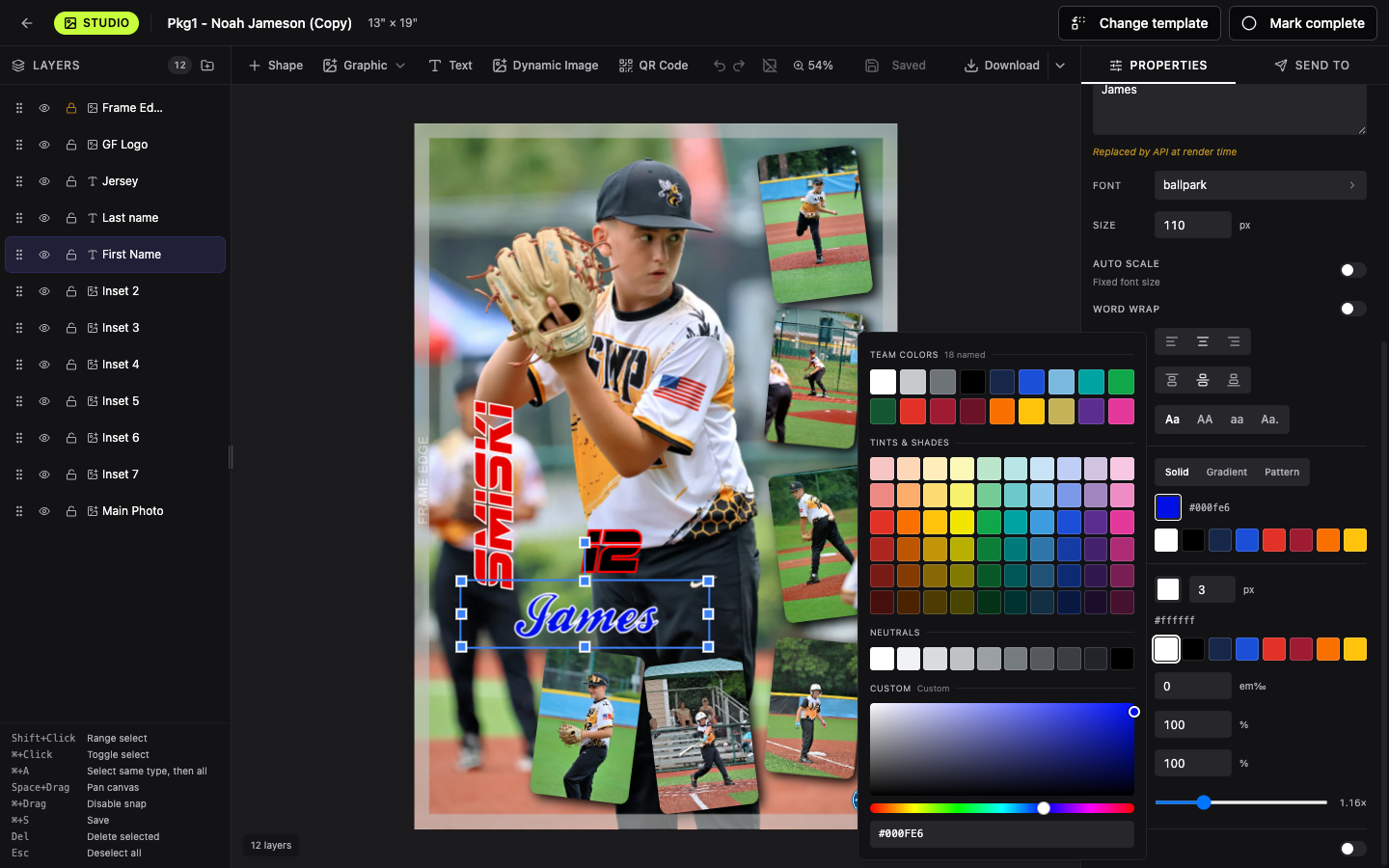 The color picker open beside the properties panel, showing the Team colors grid, tints and shades, neutrals, the custom saturation area with hue slider, and the hex field
