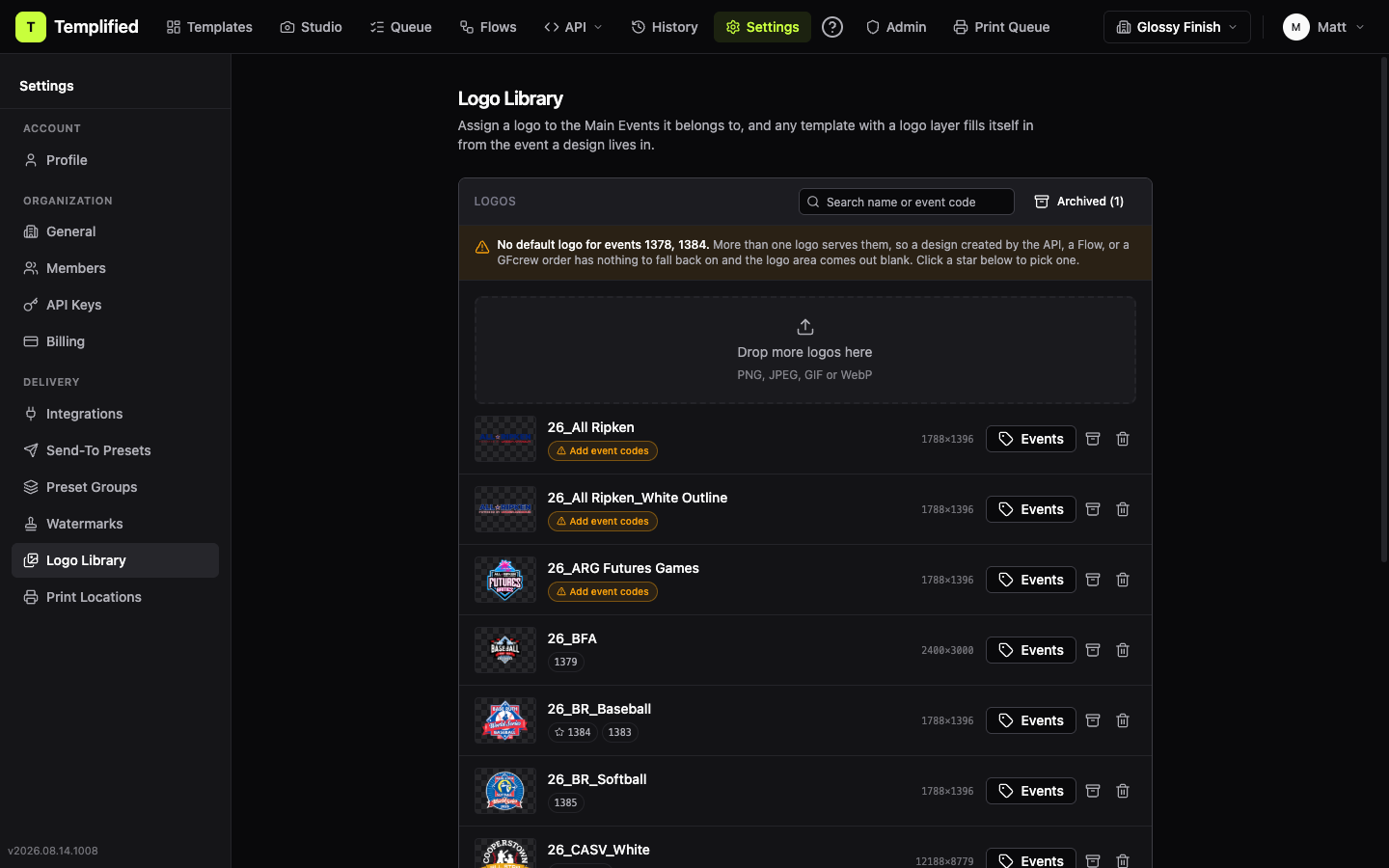 The Logo Library page in Settings showing the upload drop area above a list of logos with their event code tags