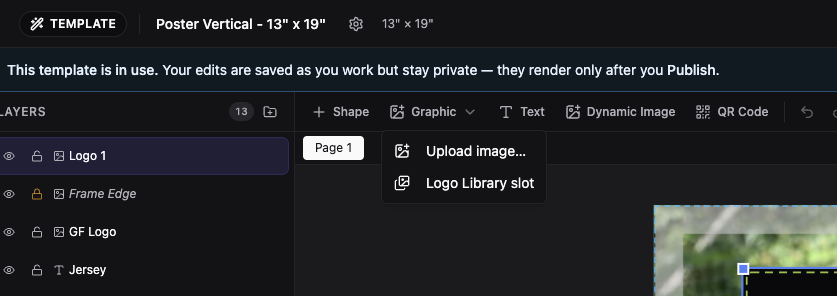 The Graphic menu open in the editor toolbar of a template, showing Upload image… above Logo Library slot