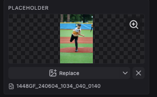 Photo layer properties panel showing the original filename under the placeholder thumbnail and the photo-source menu