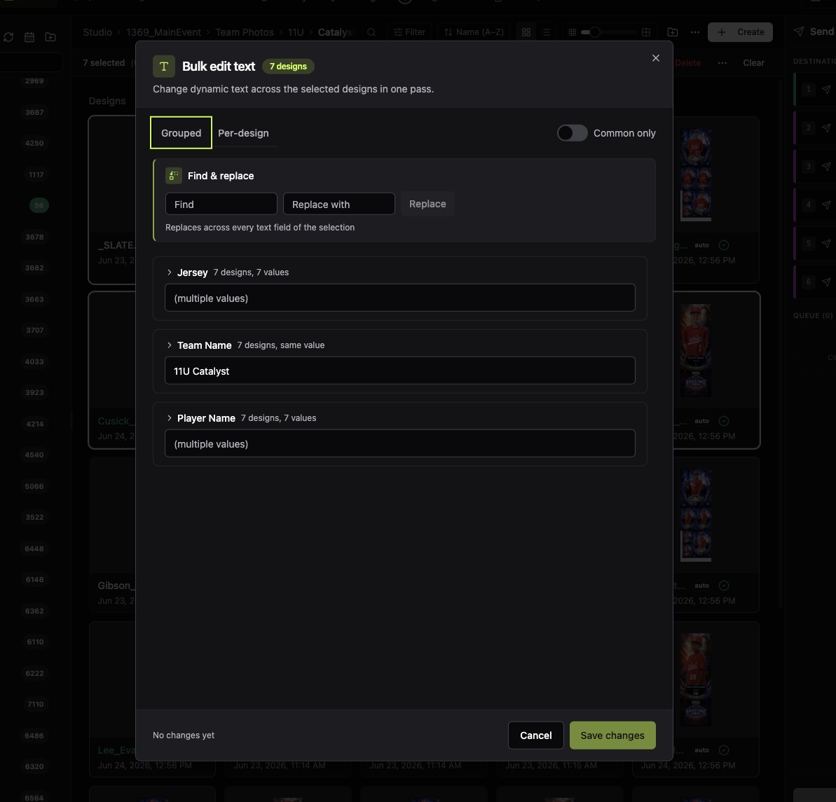 The Bulk edit text dialog open over the Studio grid, showing the design-count badge, the Grouped and Per-design tabs, the Find and replace panel, and grouped text fields with set-all boxes