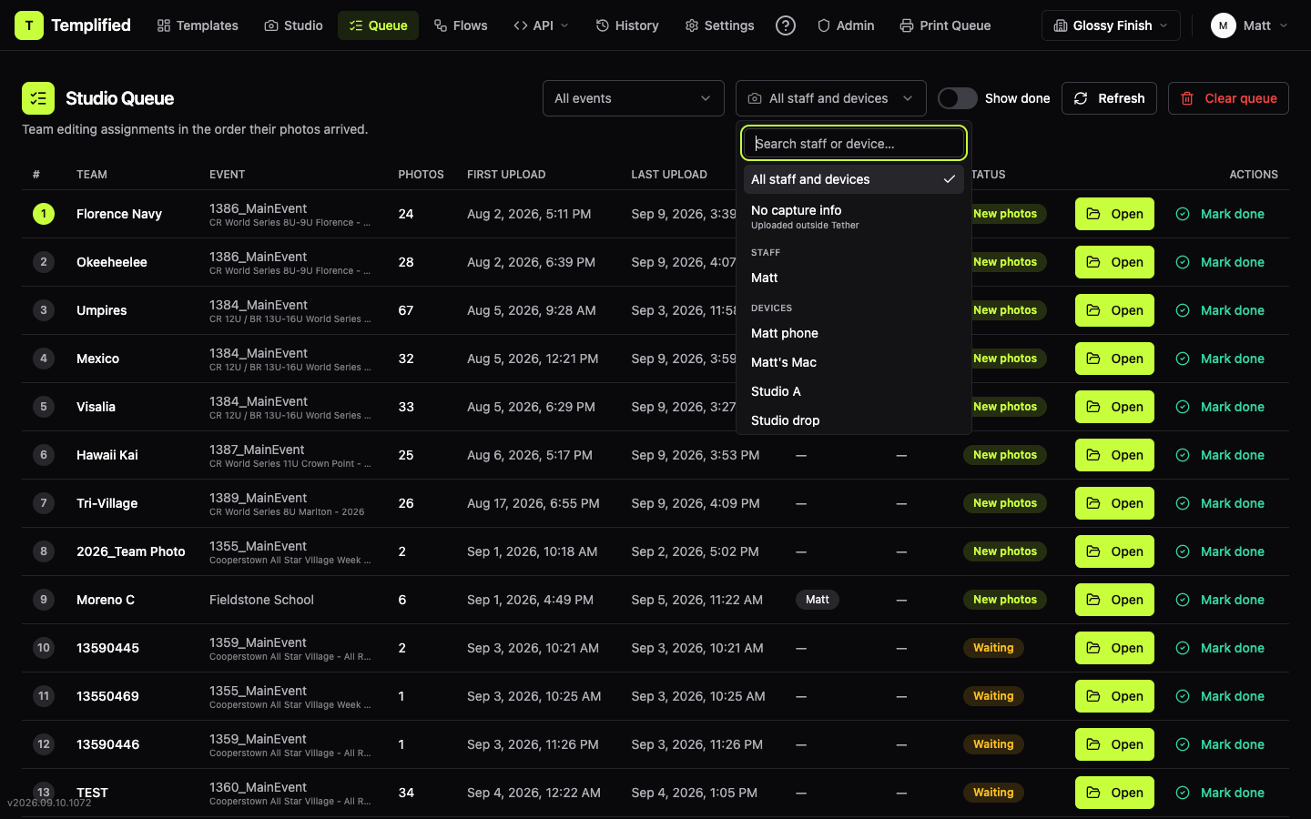 The Captured by picker open on the Studio Queue, showing a search box with staff and devices grouped under Staff and Devices headings