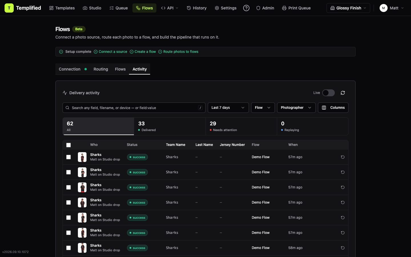 Flows page Activity tab: search and filter toolbar, status strip, and the delivery table with row checkboxes and replay actions