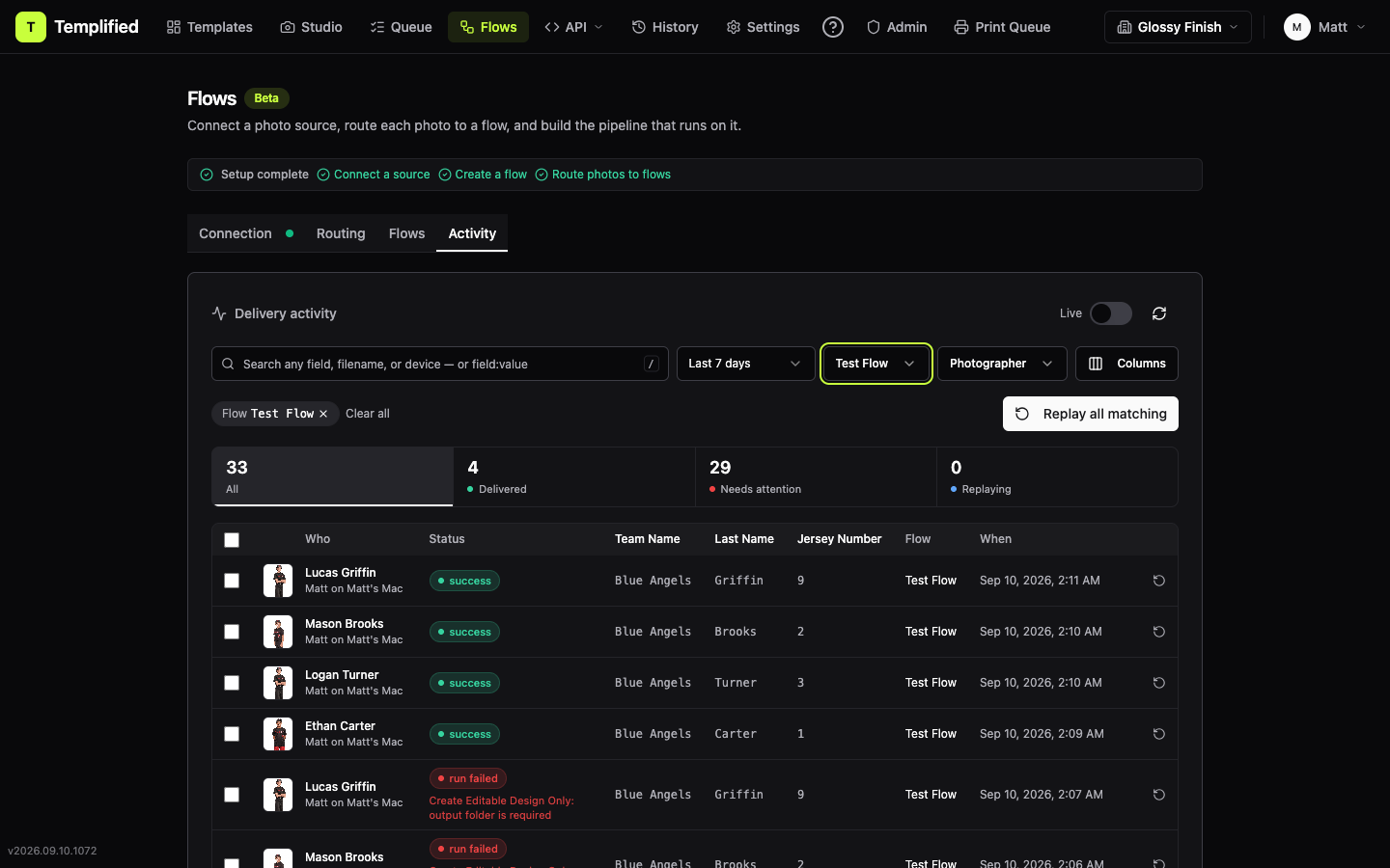 A delivery row showing capture details under the Who column: the capturer and the device name