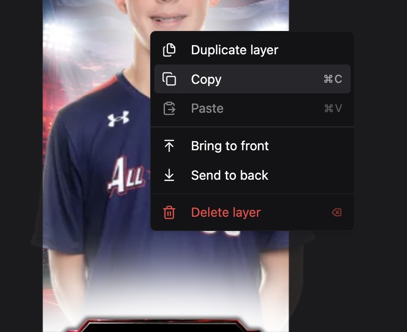 The canvas right-click menu on a photo layer, showing Duplicate layer, Copy, a greyed-out Paste, Bring to front, Send to back, and Delete layer