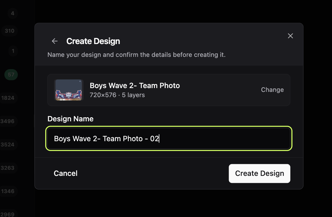 The Create Design step showing the auto-filled design name derived from the template name and the dropped photo's filename